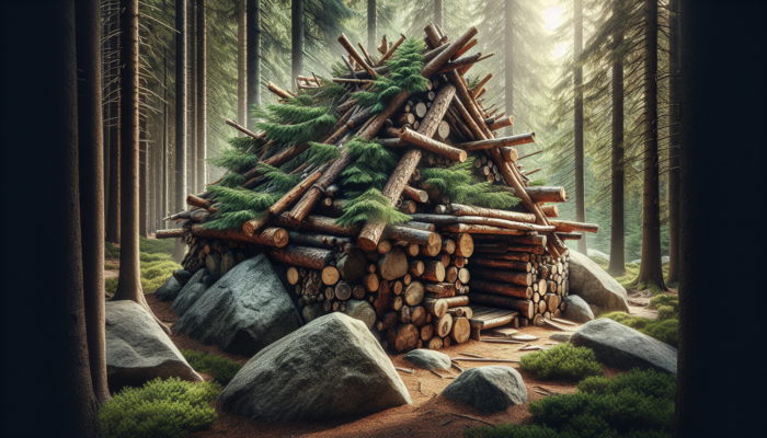 A rustic shelter in a forest, made from pine branches, logs, and boulders for insulation and support.