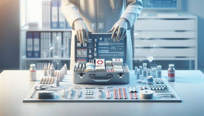 A well-organized first aid kit on a table, with items being inspected and replaced in a bright setting.