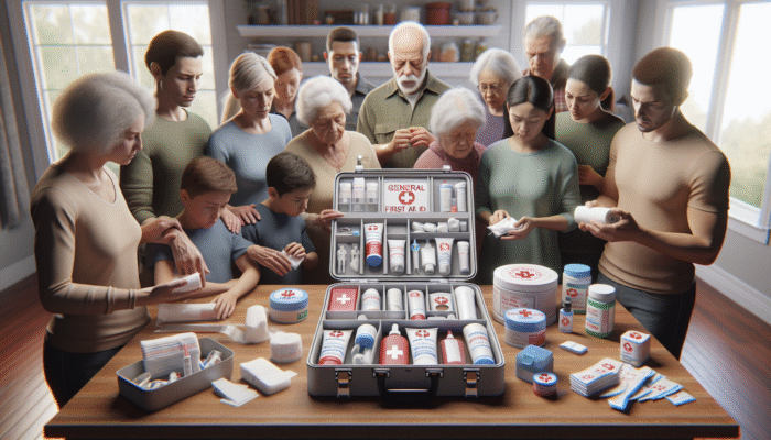 A S.H.I.T first aid kit on a kitchen counter with family members learning its use during a drill.