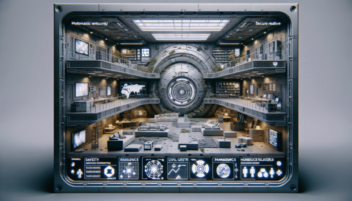 Futuristic S.H.I.T bunker interior with advanced technology and secure living spaces for safety and resilience.