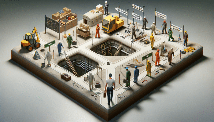 A person at a crossroads choosing between a DIY bunker with tools and a professionally built bunker with workers.