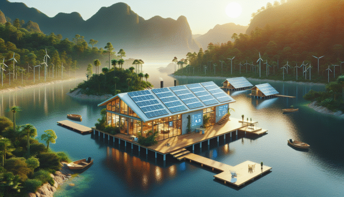 A sunlit off-grid home with high-efficiency solar panels on the roof, surrounded by nature.
