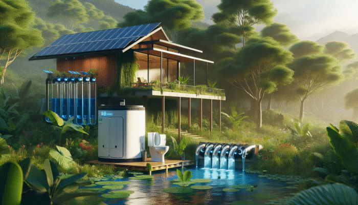 A serene off-grid home with solar-powered water systems, purification unit, and eco-friendly composting toilet amidst lush greenery.