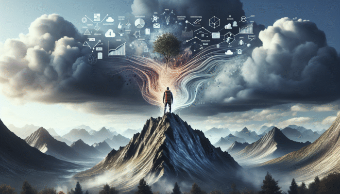 A person atop a rugged mountain, symbolizing resilience and growth mindset, with stormy skies clearing.
