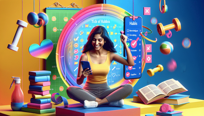 Person checking habit tracker on phone, surrounded by symbols of success in a vibrant environment.