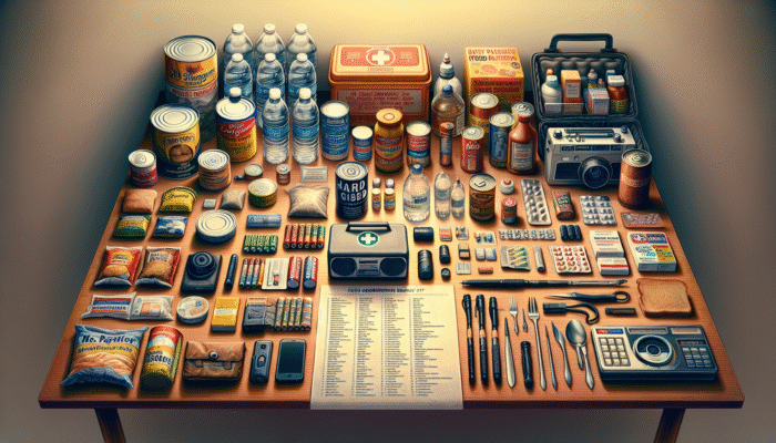 Emergency kit on table with water, food, medical supplies, radio, and maintenance checklist.