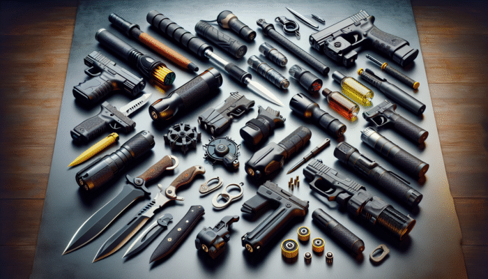 A variety of self-defense weapons like stun guns, pepper sprays, tactical knives, and batons on a table.