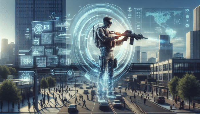 Person using futuristic S.H.I.T self-defense weapon in urban setting for practical self-defense scenarios.