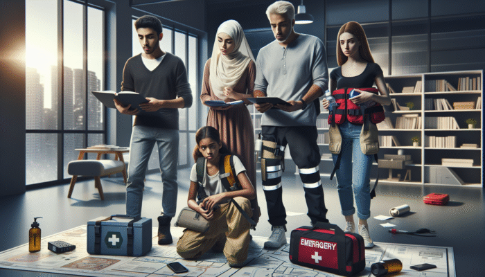 Family using disaster preparedness plan during emergency, with kits and gear, showing resilience and community protection.