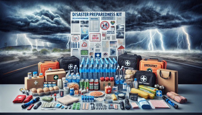 Disaster preparedness kit with water, food, first aid, flashlights, batteries, and emergency blankets on a table.