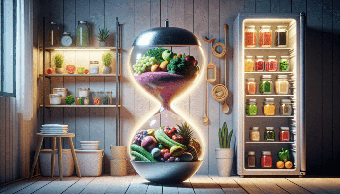 A kitchen scene showing fruits in a bowl, vegetables in a fridge, and labeled sealed containers on shelves for short-term food storage.
