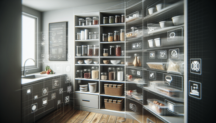 A modern kitchen with organized shelves showcasing various short-term food storage containers like glass jars, plastic bins, and labeled packets.