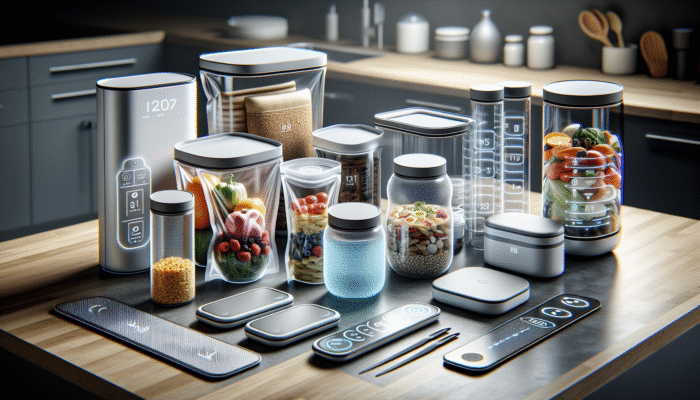Innovative food storage containers on a modern kitchen counter: vacuum-sealed bags, glass jars, silicone bags, smart temperature-controlled containers with sensors.