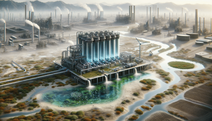 Futuristic water filtration system purifying contaminated water in polluted urban setting.