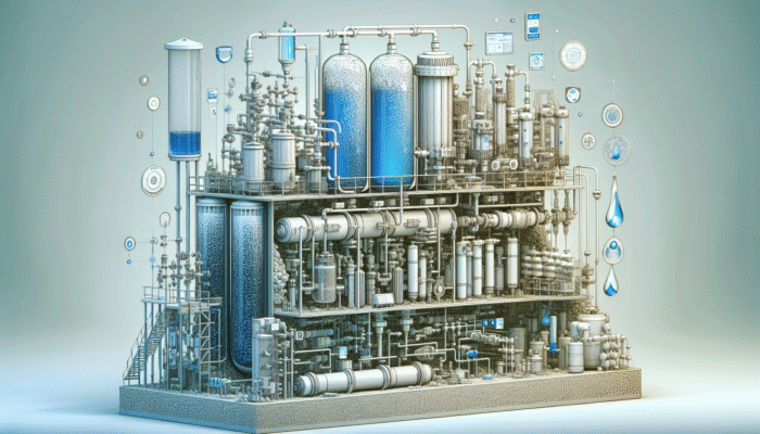 Cutaway view of water filtration system with sediment filters, activated carbon, reverse osmosis, and UV sterilization.