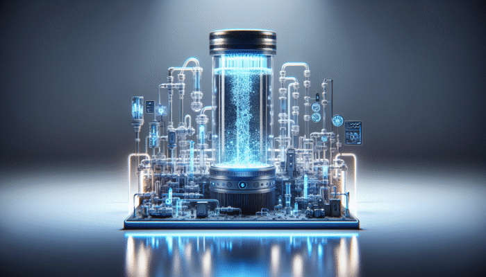 A modern water filtration system with a glowing UV chamber purifying water in a clean setting.