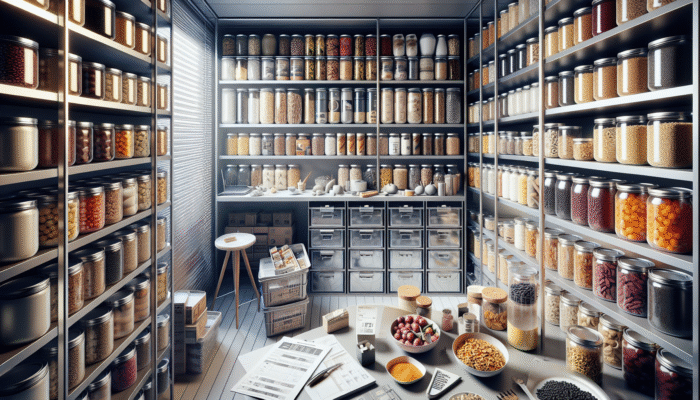 A modern pantry with neatly labeled non-perishable foods like cans, dried fruits, and grains for long-term storage.